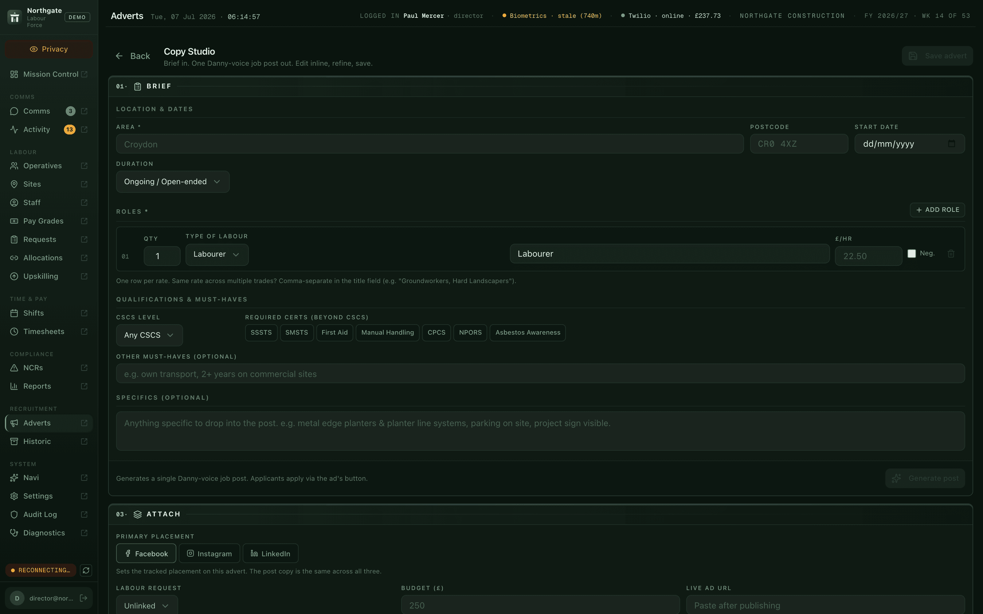 Advert management in BOS - live demo system, fictional data