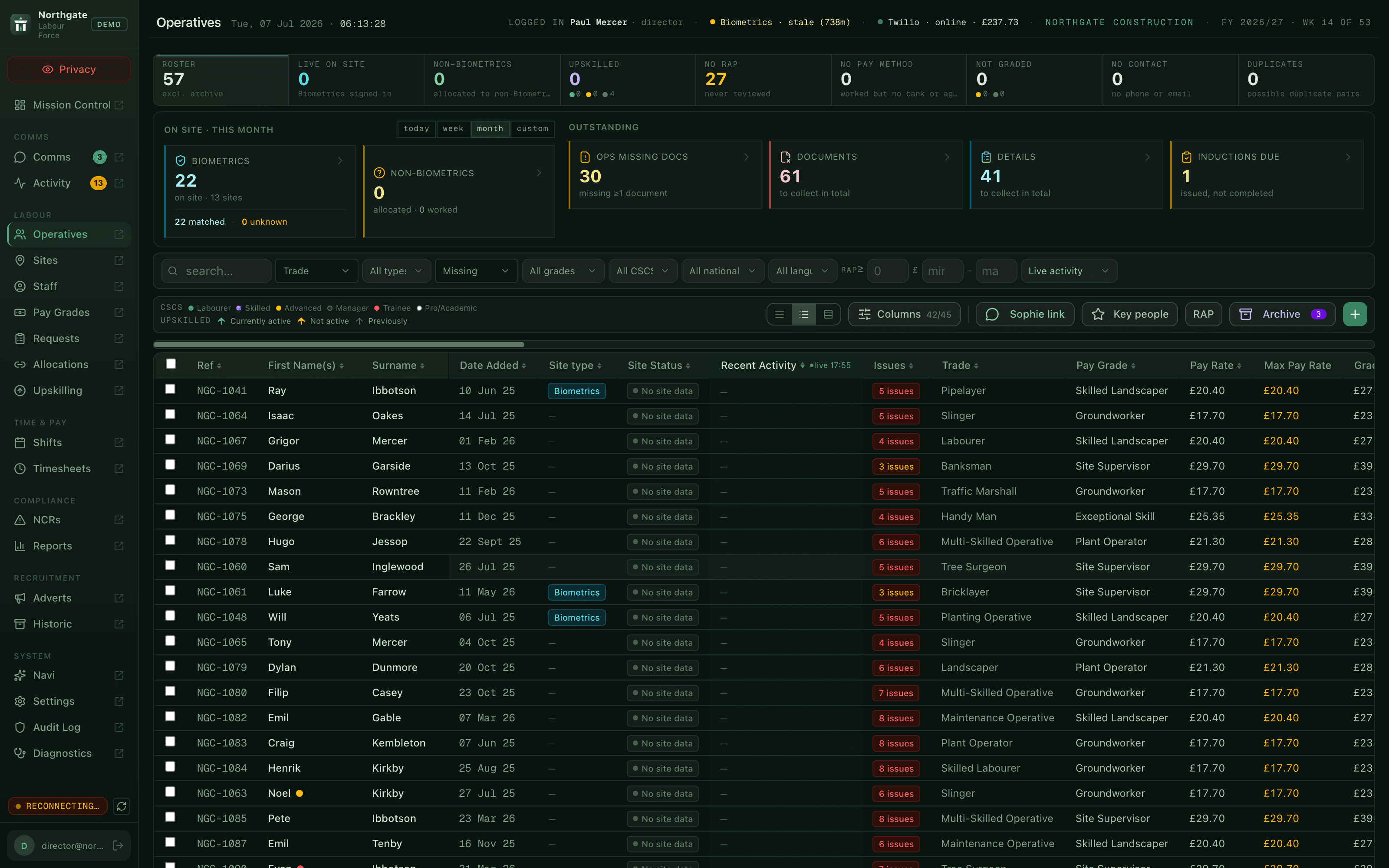 Trade, grade, location and compliance status - visible and actionable