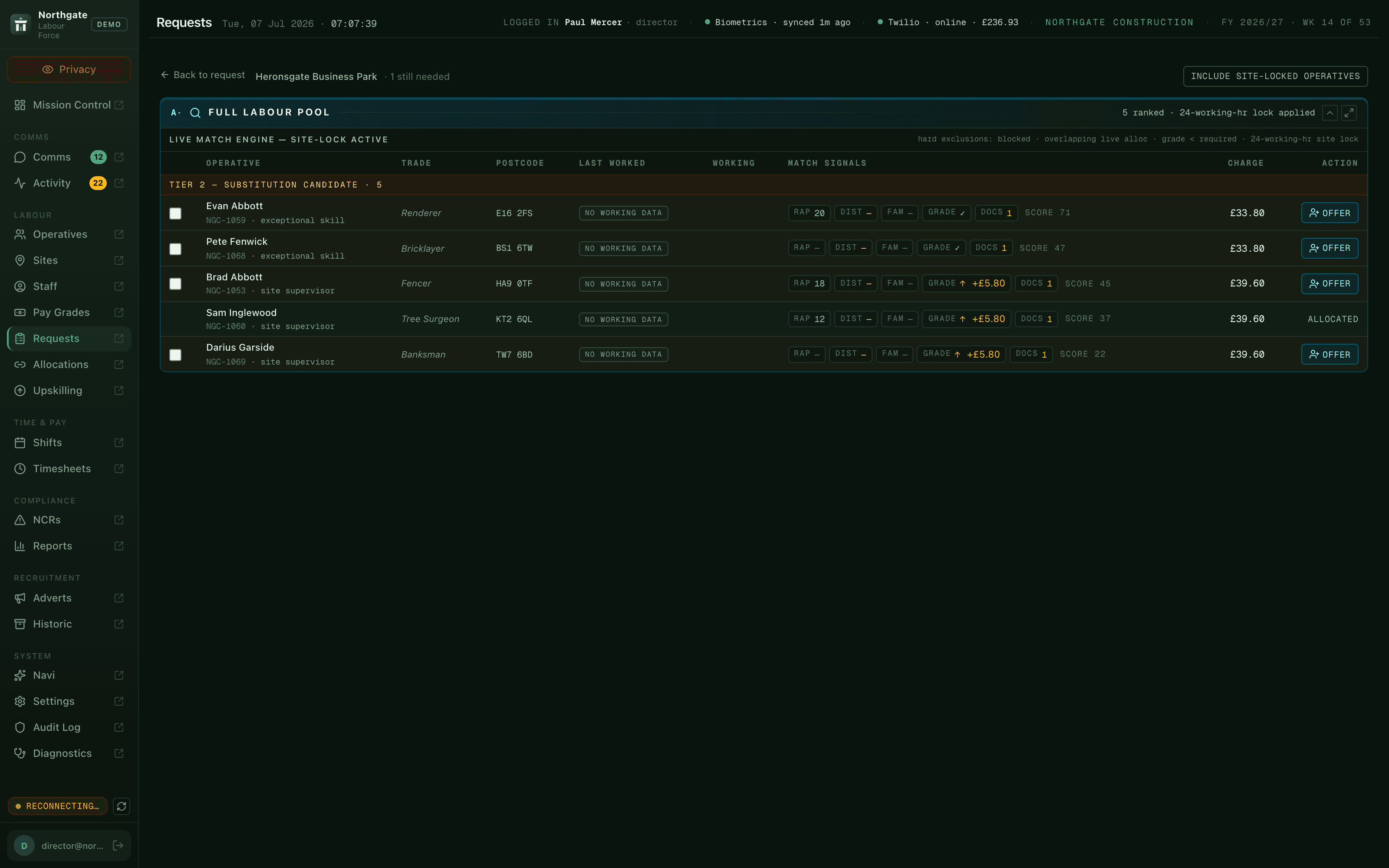 The live match engine - compliant candidates ranked against a vacancy